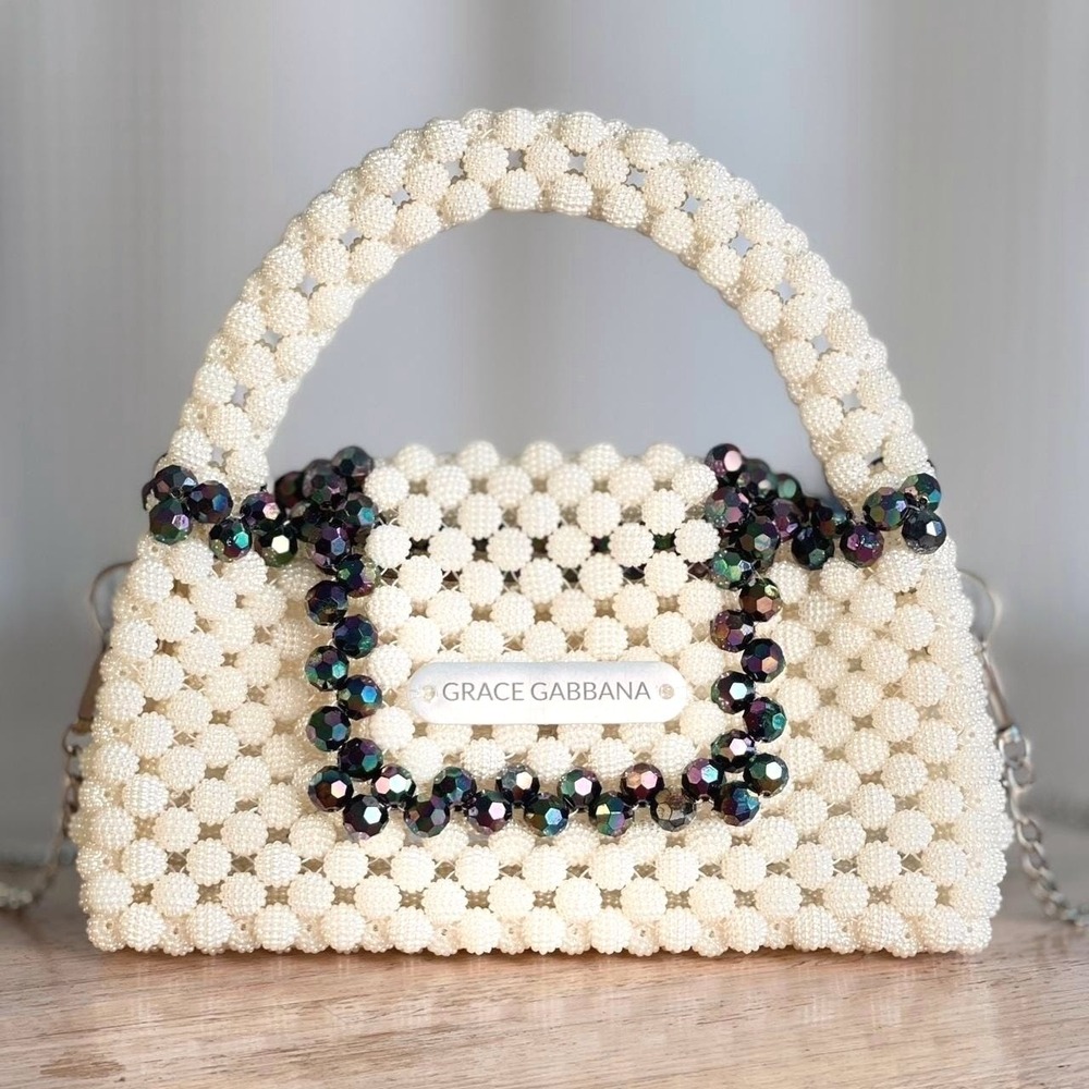 Handmade White Beaded Top Handle Bag Designer Inspired Mini Purse Evening Bag